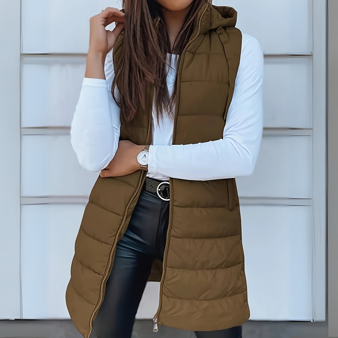 Irene – Long Hooded Sleeveless Puffer Waistcoat