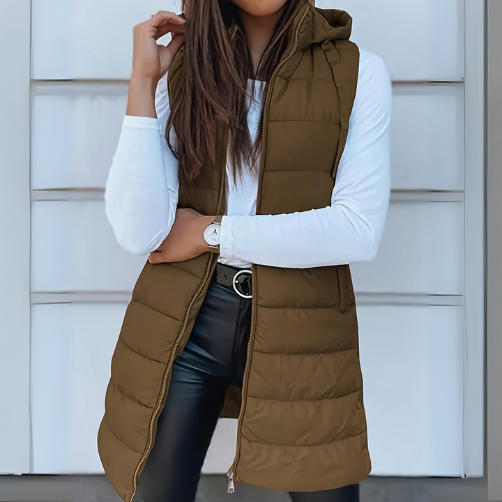 Irene – Long Hooded Sleeveless Puffer Waistcoat