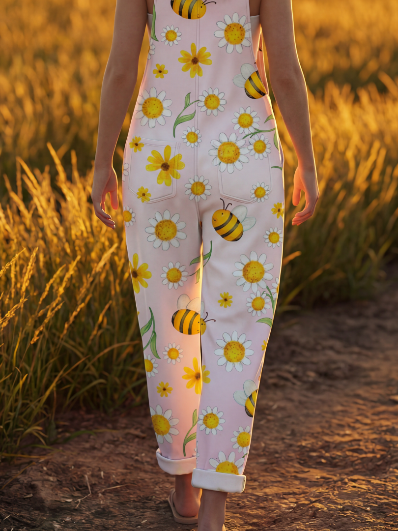 Macey | Daisy & Bee-Print Dungarees