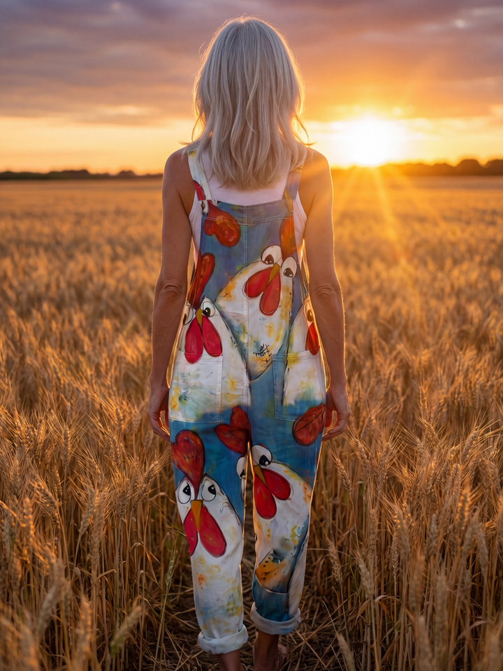 Natalie | Rooster-Print Dungarees