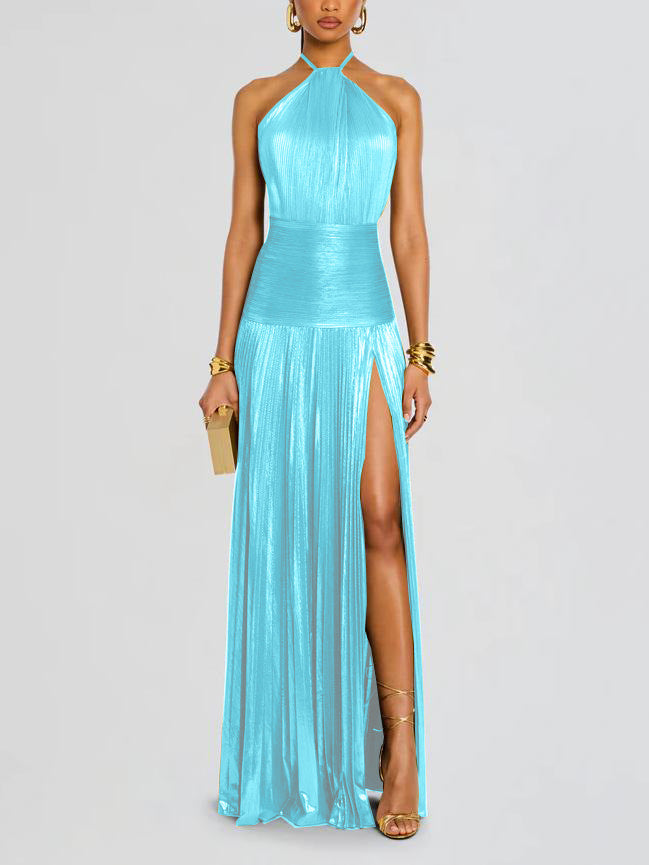 Kasey | Metallic Pleated Halter Gown