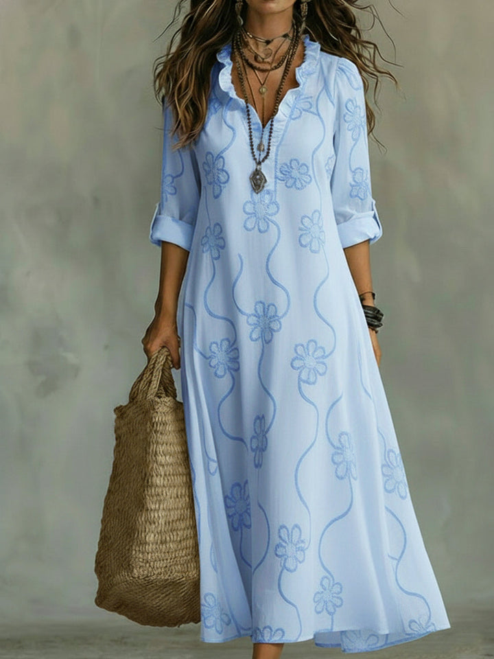 Jessamy – Embroidered Frill Neck Maxi Dress