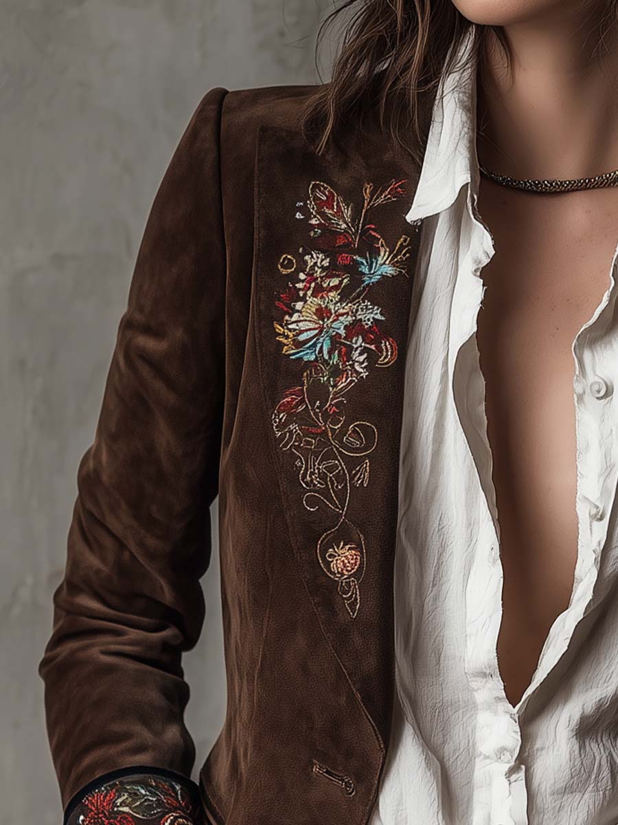 Rhiannon – Embroidered Suede-Look Tailored Blazer