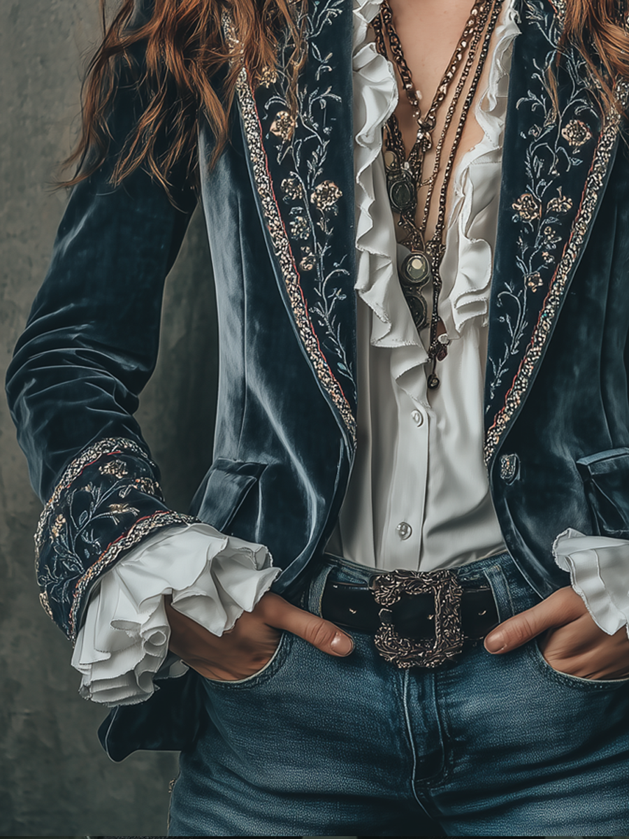 Marianne – Embroidered Velvet Blazer with Ruffle Cuffs