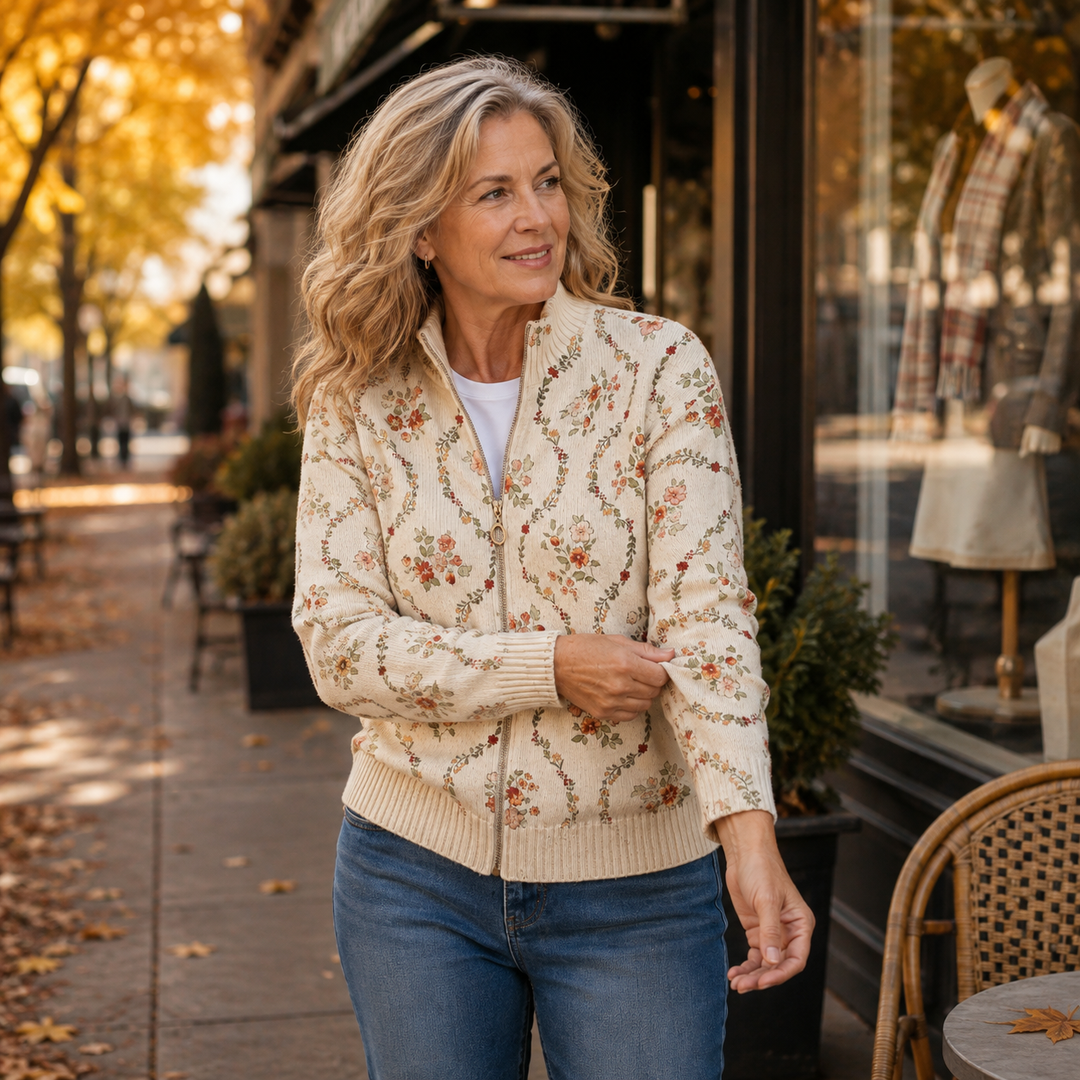 Rita – Floral Vine Zip-Up Knit Jacket