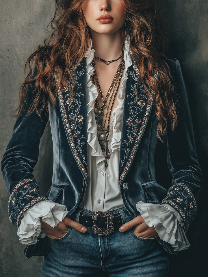 Marianne – Embroidered Velvet Blazer with Ruffle Cuffs