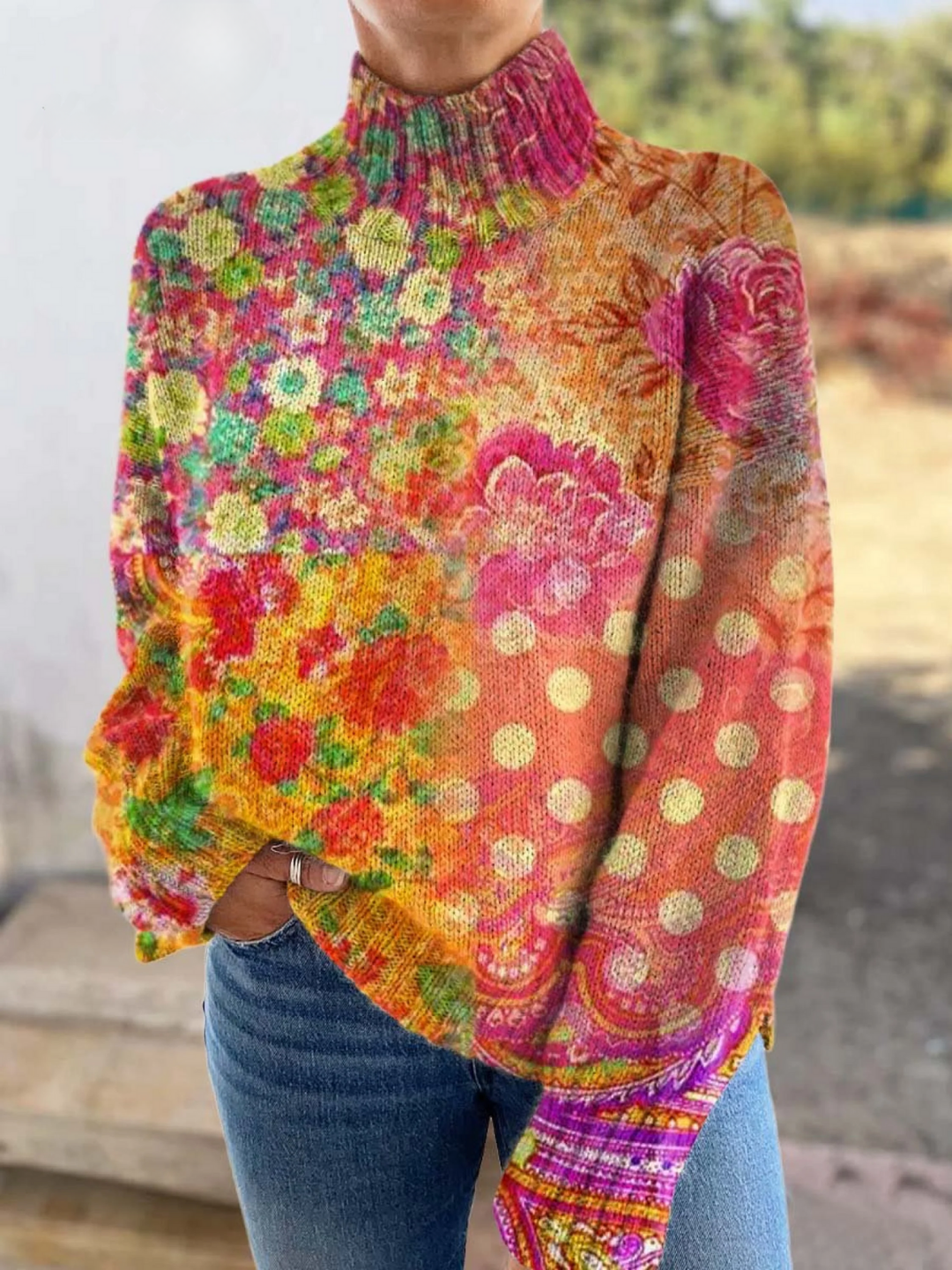 Frances – Floral Print Turtleneck Knit Jumper