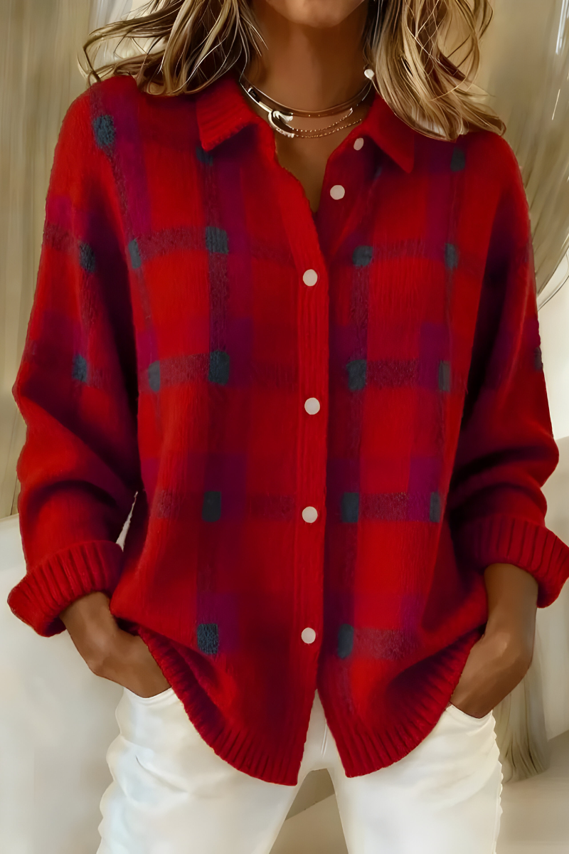 Trudy – Plaid Knit Button-Up Cardigan