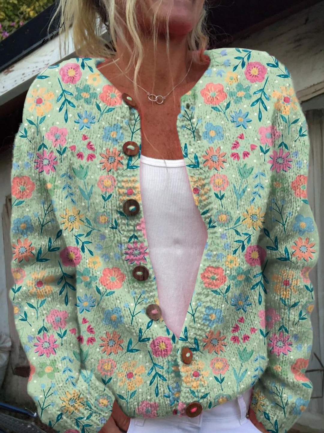 June – Floral Knit Button-Front Cardigan