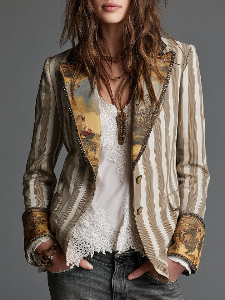 Ruth – Striped Blazer with Artistic Printed Lapels