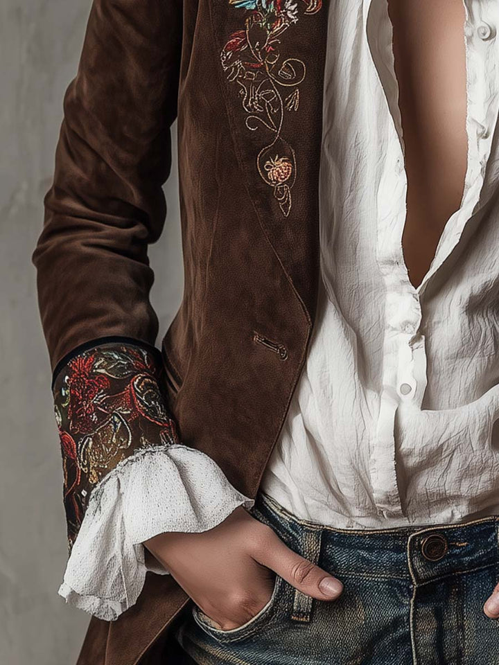 Rhiannon – Embroidered Suede-Look Tailored Blazer