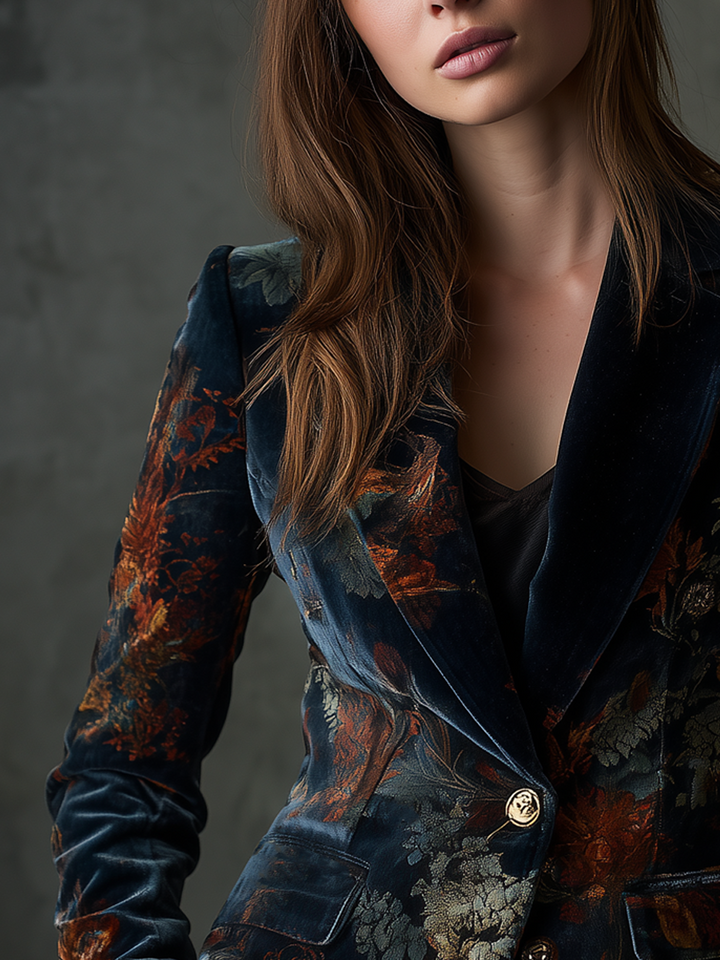 Sheena – Floral Velvet Blazer with Gold Buttons