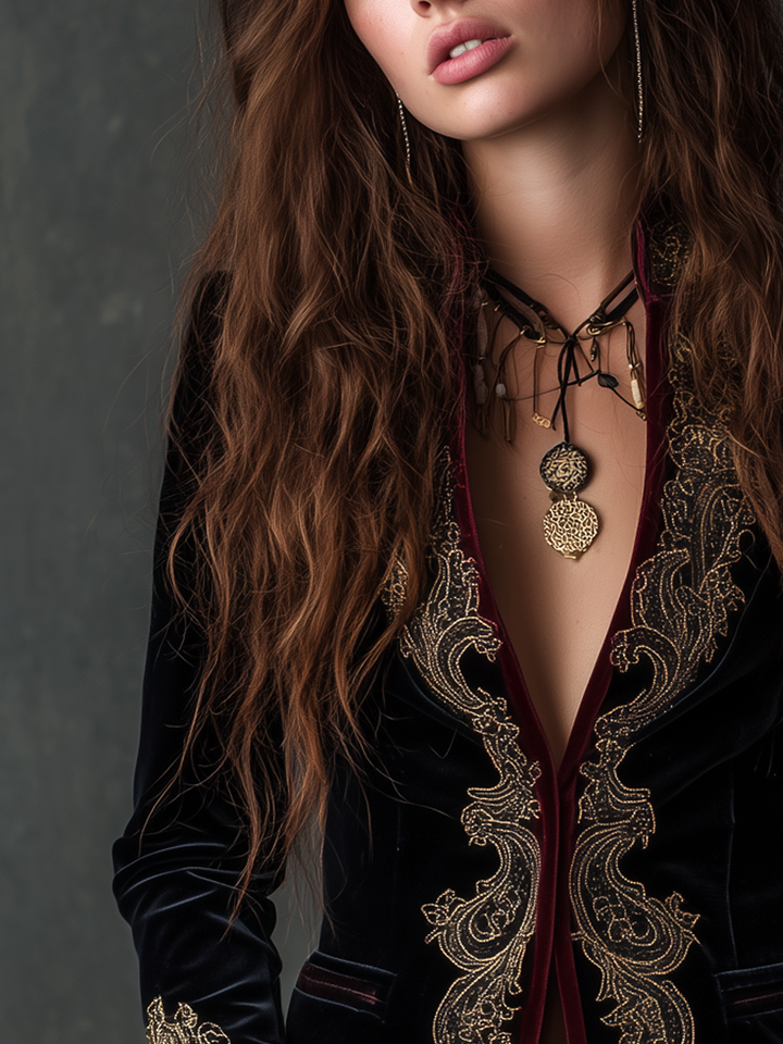 Harriet – Baroque Embroidered Velvet-Look Blazer