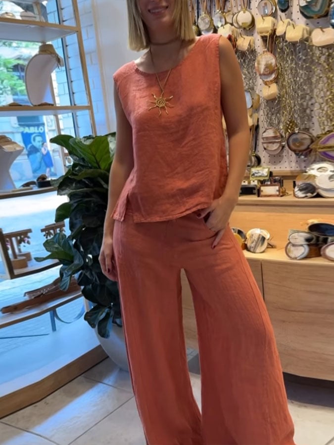 Perpetua – Linen-Look Vest and Wide-Leg Trouser Set