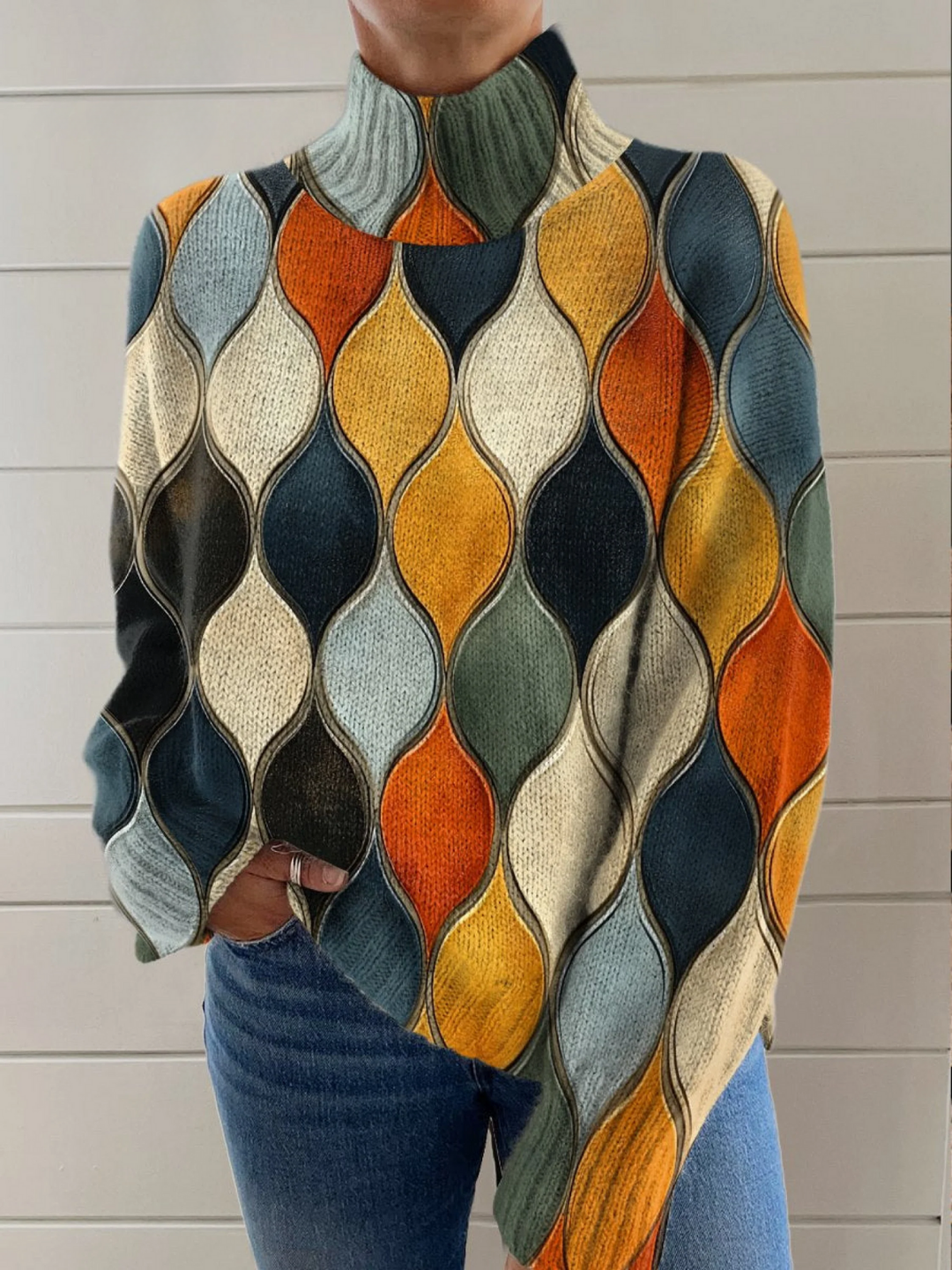 Doreen – Retro Geometric Turtleneck Jumper