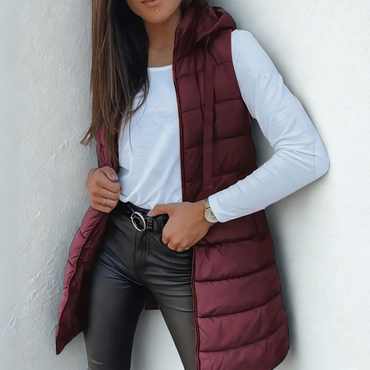 Irene – Long Hooded Sleeveless Puffer Waistcoat