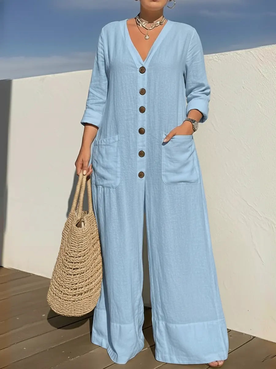 Minnie – Wide Leg Button-Front Linen-Look Jumpsuit