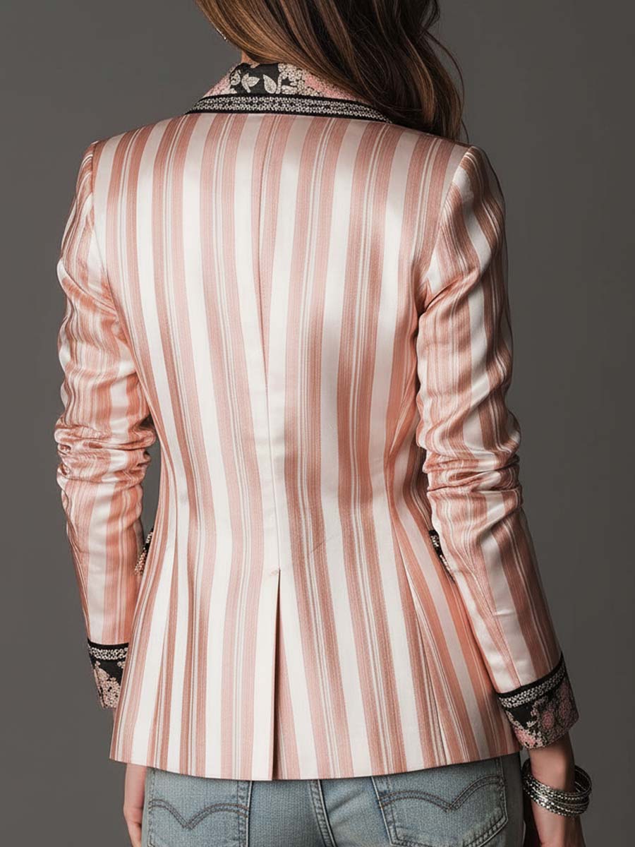 Lydia – Striped Satin-Look Blazer with Floral Detail