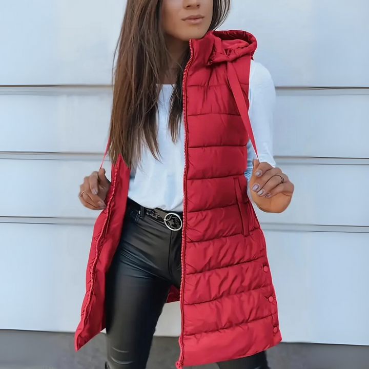 Irene – Long Hooded Sleeveless Puffer Waistcoat