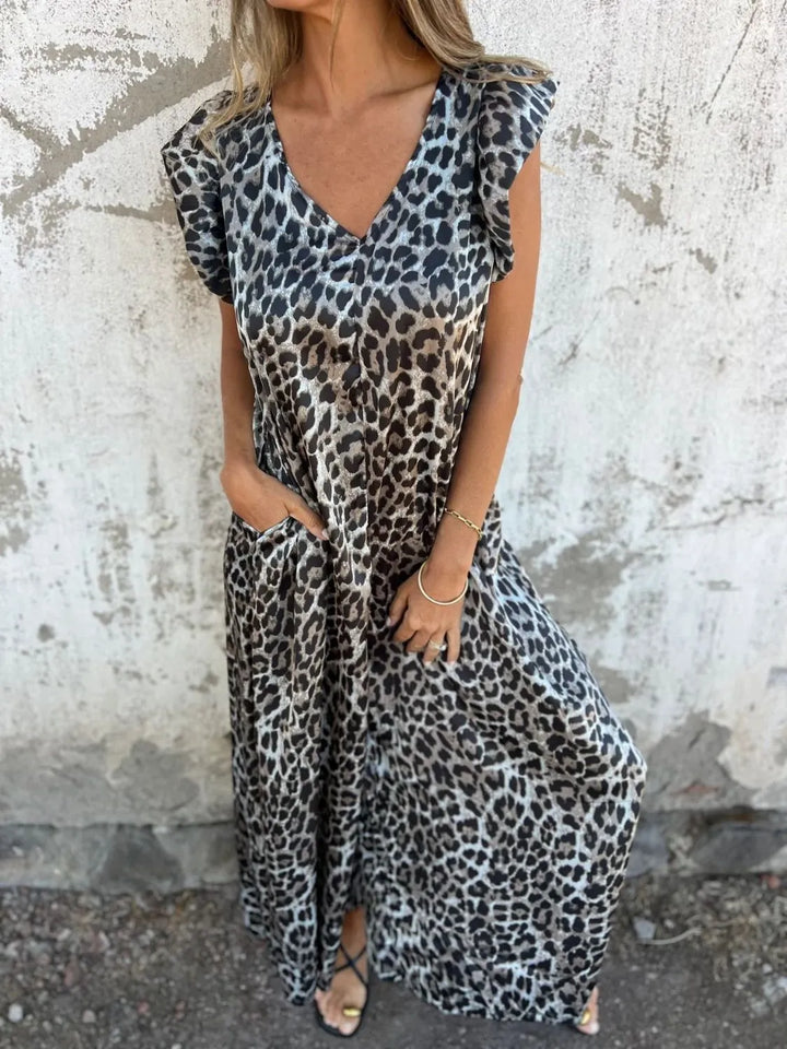 Freya – Leopard Print Midi Dress with Pockets