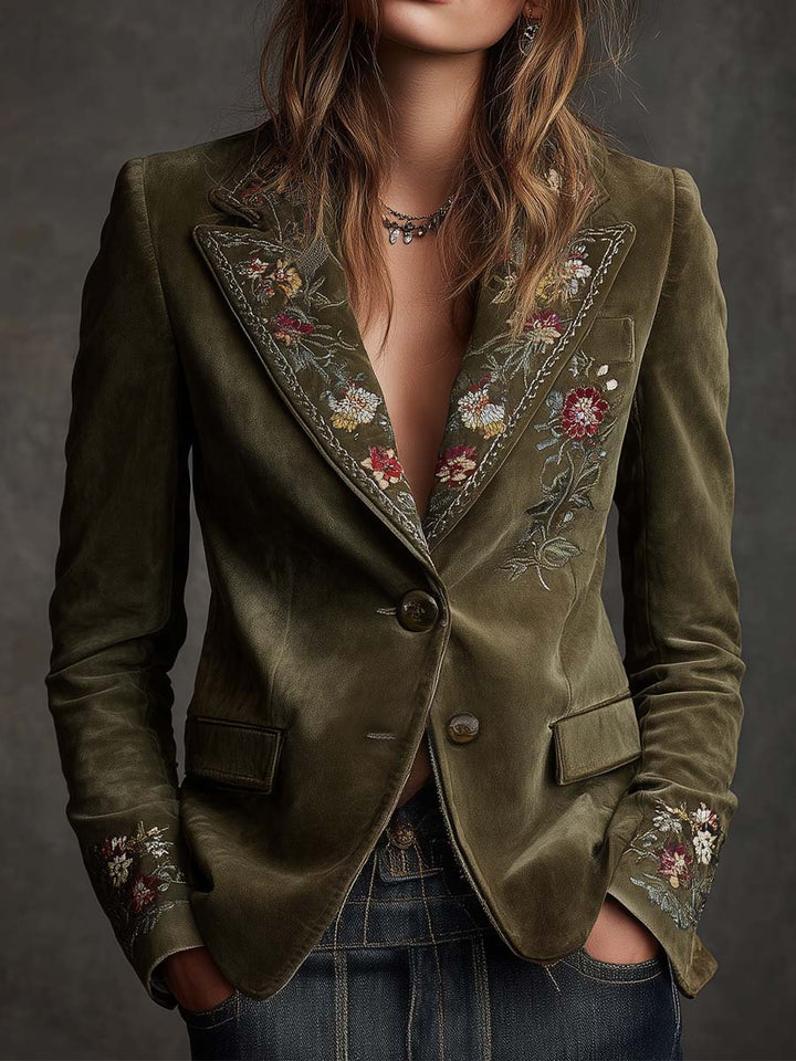 Dilys – Embroidered Floral Velvet-Look Blazer