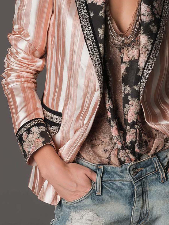 Lydia – Striped Satin-Look Blazer with Floral Detail