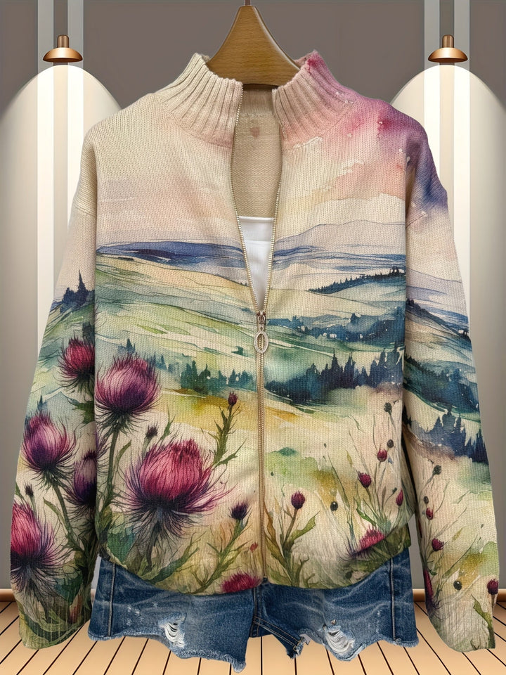 Janice – Watercolour Thistle Landscape Zip Cardigan