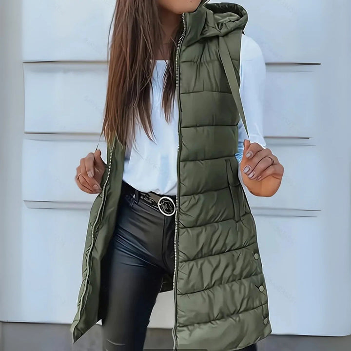 Irene – Long Hooded Sleeveless Puffer Waistcoat