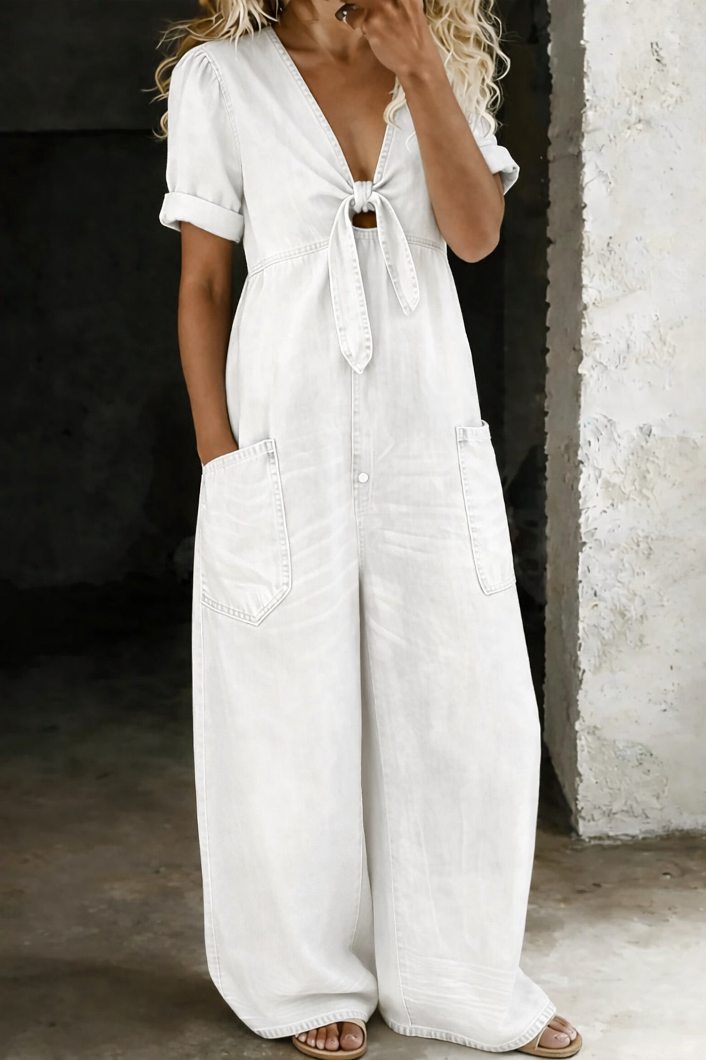Thomasina – Wide Leg Denim-Look Jumpsuit