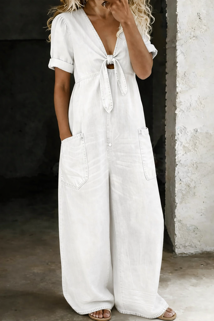 Thomasina – Wide Leg Denim-Look Jumpsuit