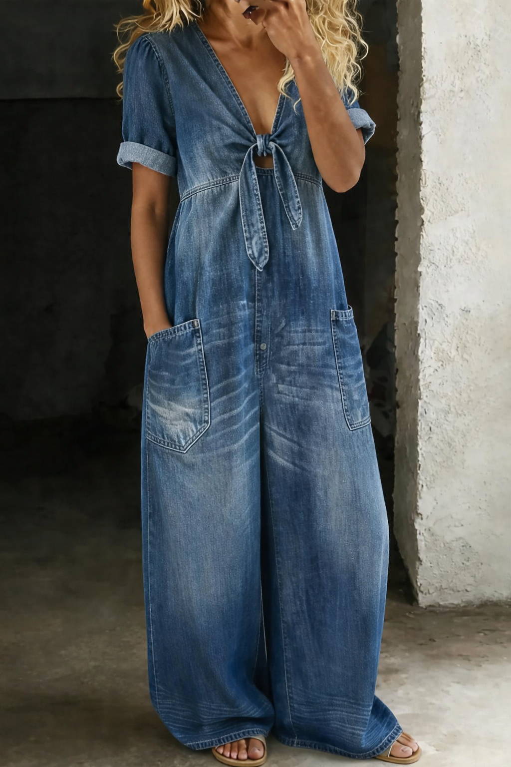 Thomasina – Wide Leg Denim-Look Jumpsuit