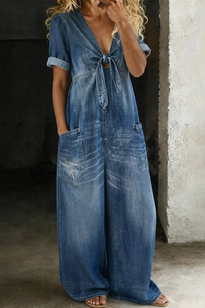 Thomasina – Wide Leg Denim-Look Jumpsuit