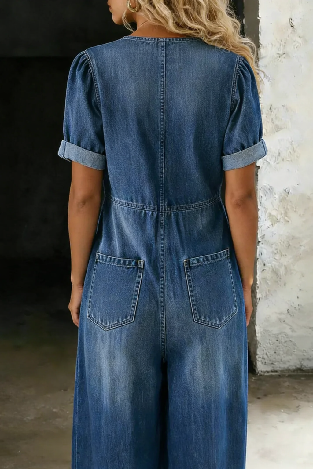 Thomasina – Wide Leg Denim-Look Jumpsuit