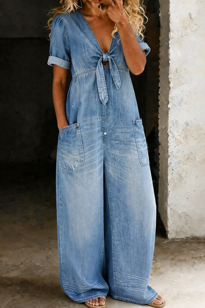 Thomasina – Wide Leg Denim-Look Jumpsuit