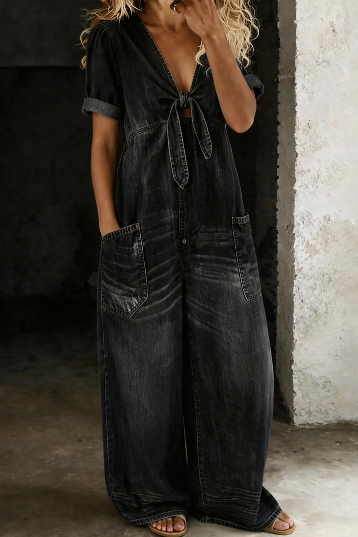 Thomasina – Wide Leg Denim-Look Jumpsuit