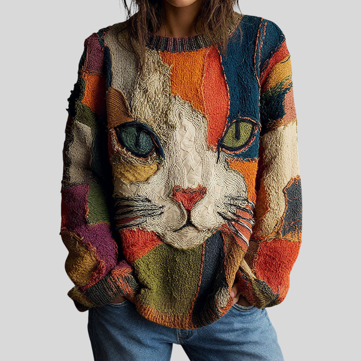 Carole – Artistic Cat Print Knit Jumper