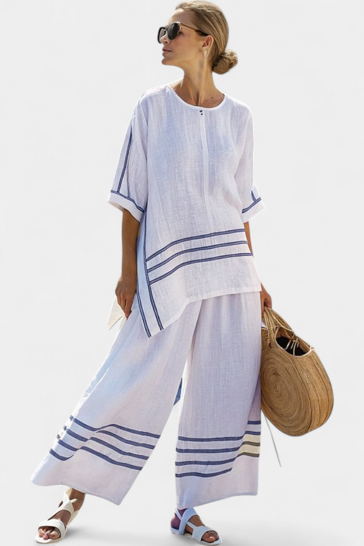 Adelyn | Sophisticated Striped Asymmetrical Top & Bold Trousers