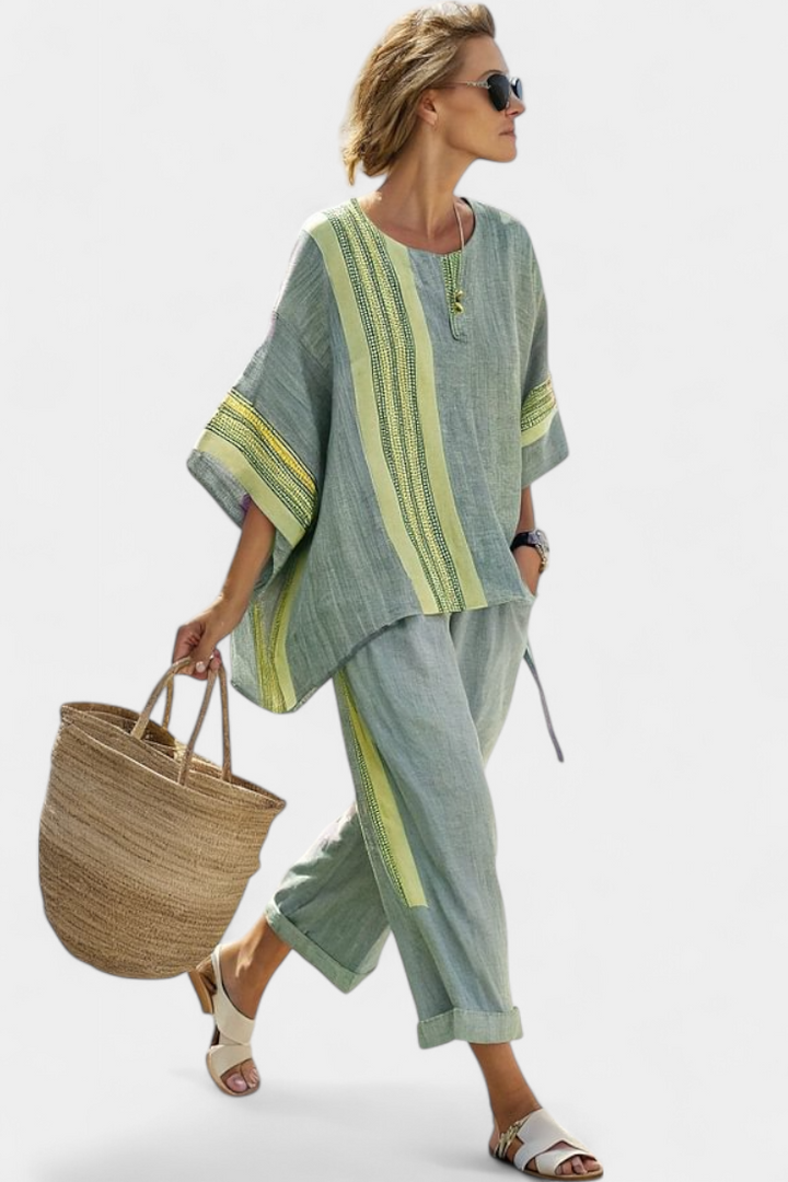 Marsha | Elegant Lavender Top & Mustard Striped Trousers