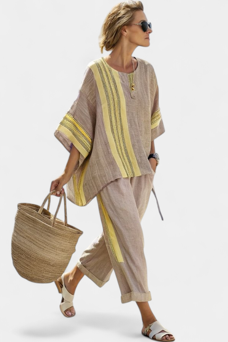 Marsha | Elegant Lavender Top & Mustard Striped Trousers