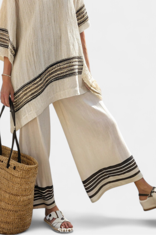 Brooklynn | Elegant Black-Striped Linen Top & Flowing Trousers
