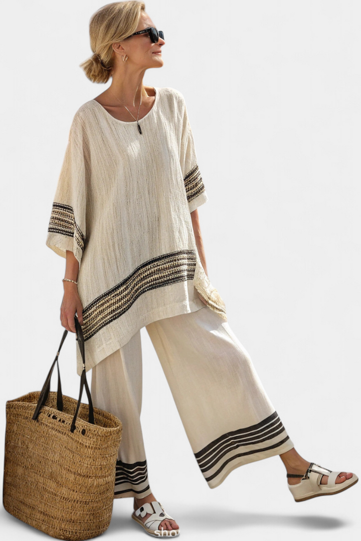 Brooklynn | Elegant Black-Striped Linen Top & Flowing Trousers