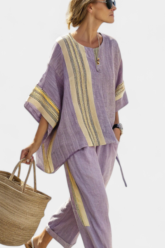 Marsha | Elegant Lavender Top & Mustard Striped Trousers
