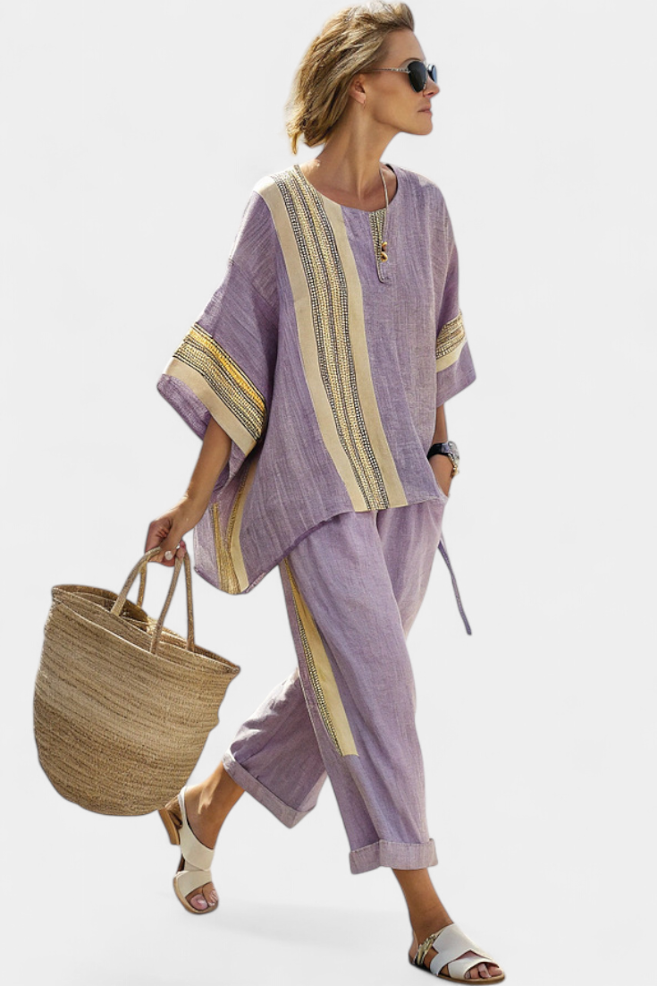 Marsha | Elegant Lavender Top & Mustard Striped Trousers