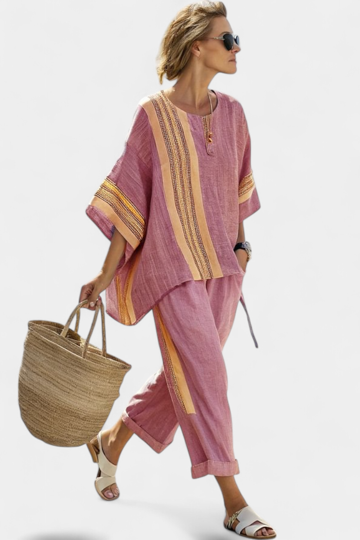 Marsha | Elegant Lavender Top & Mustard Striped Trousers