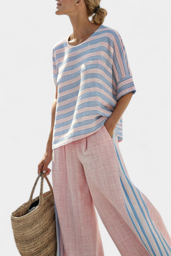 Annika | Elegant Pink-Blue Linen Blouse & Soft Trousers