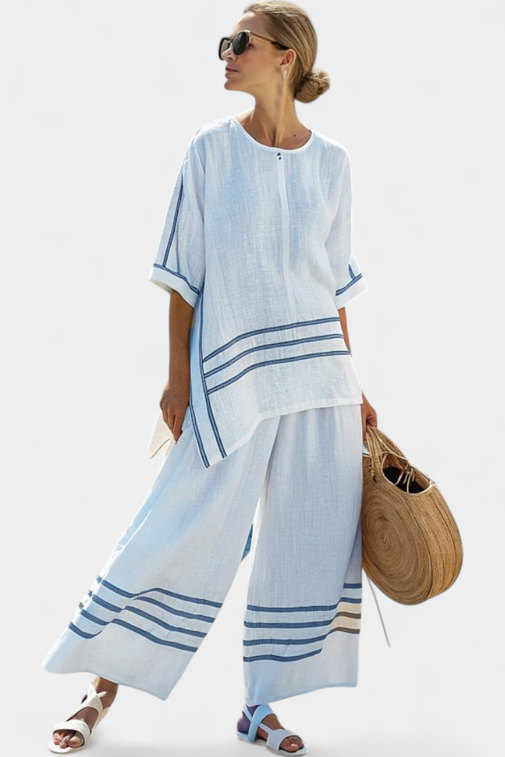 Adelyn | Sophisticated Striped Asymmetrical Top & Bold Trousers