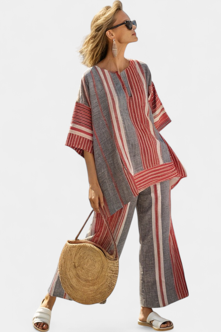 Kit | Elegant Coral-Grey Linen Top & Wide-Leg Trousers