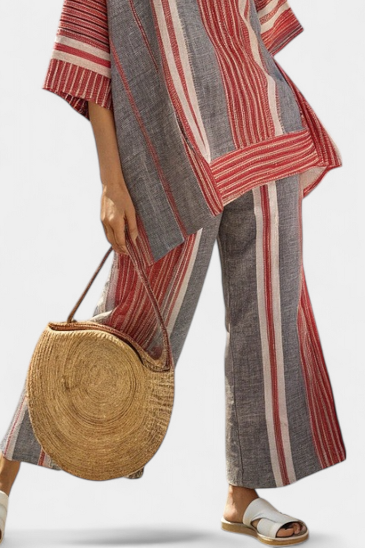Kit | Elegant Coral-Grey Linen Top & Wide-Leg Trousers