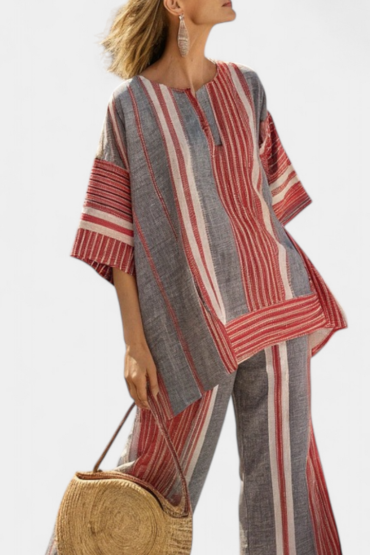 Kit | Elegant Coral-Grey Linen Top & Wide-Leg Trousers