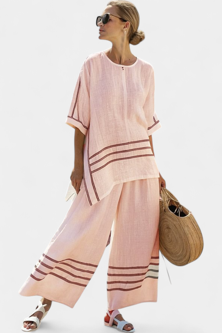 Adelyn | Sophisticated Striped Asymmetrical Top & Bold Trousers